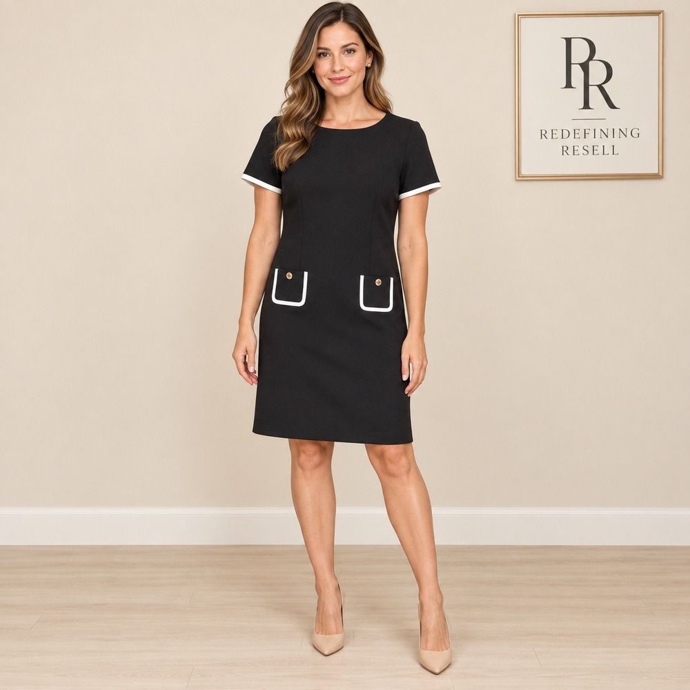 Tommy Hilfiger Womens Black Contrast Trim Short Sleeve Shift Dress Size 10 NEW